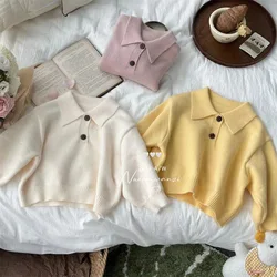 Sweater 2024 autumn and winter boys and girls Japanese Korean lapel solid color pullover knitted sweater children's sweater