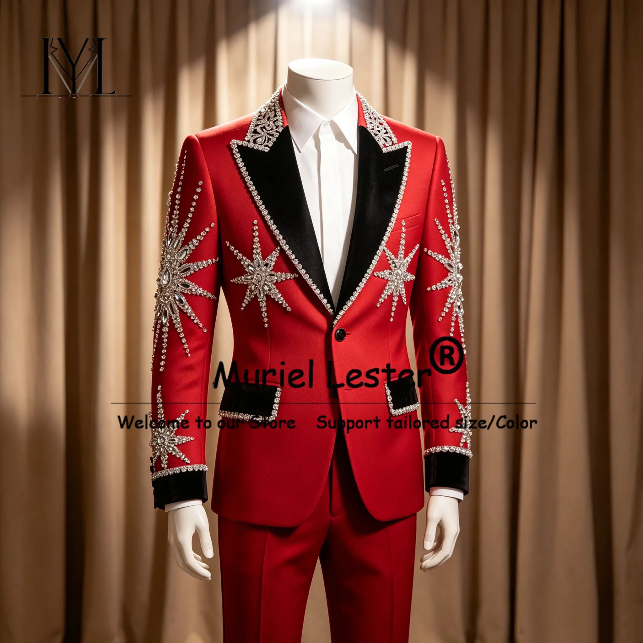 Exclusive Men's Suits Diamond Beaded Jacket Pants 2 Pieces Sets Black Peaked Lapel Jacket Pants Slim Fit Groom Wedding Tuxedos