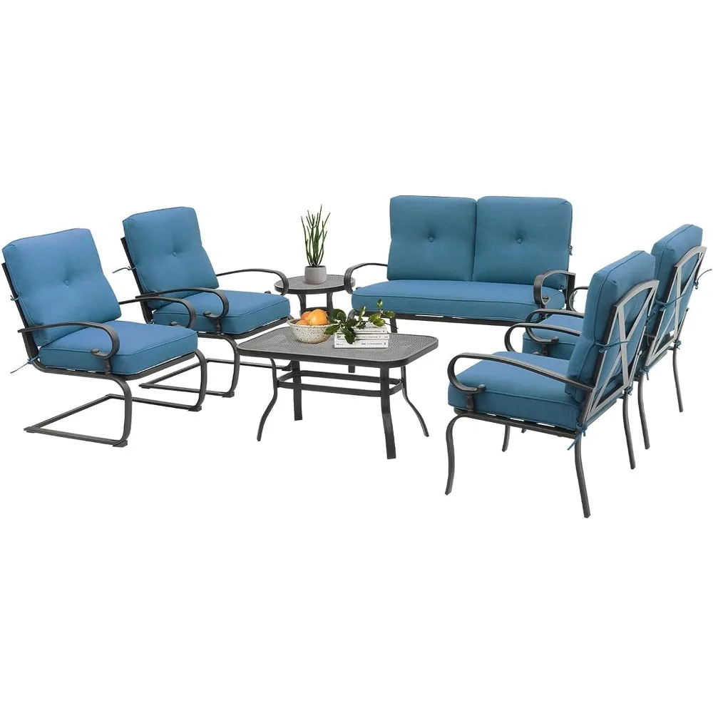 2 Dining Chairs Cafe Table and Chair Set for Coffee 7-Piece Outdoor Metal Furniture Sets Patio Conversation Set Peacock Blue