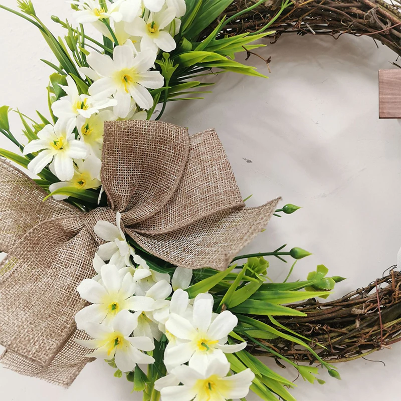 Corona di croce di Pasqua per porta d'ingresso o parete Fiore artificiale Fiocco di giglio Sciarpa di seta Ghirlanda religiosa Ghirlanda primaverile Decorazione pasquale
