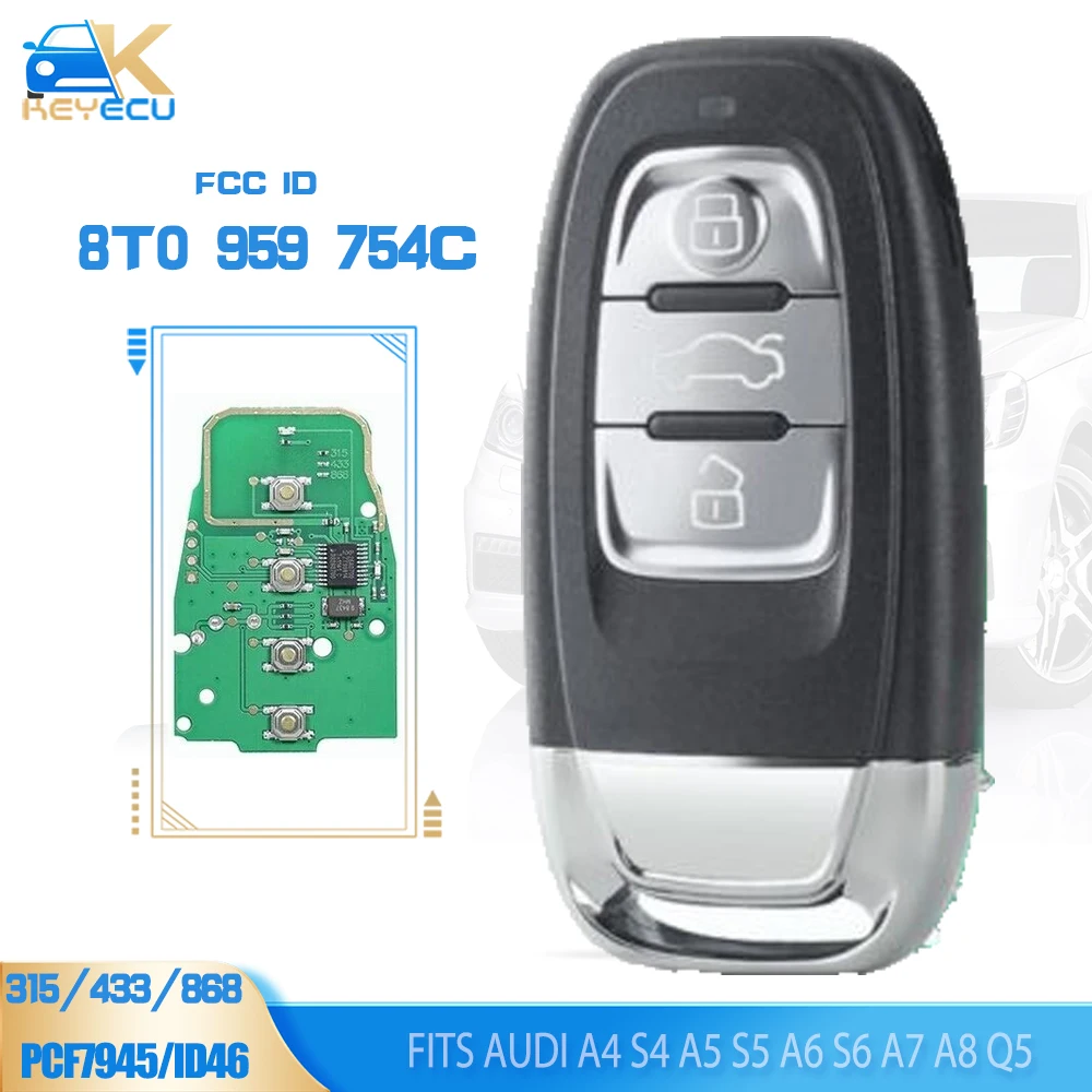 KEYECU 315MHz/433MHz/868MHz 3 Button Smart Remote Key for Audi A4 S4 A5 S5 A6 S6 A7 A8 Q5 2008 2009 2010 2011 2012