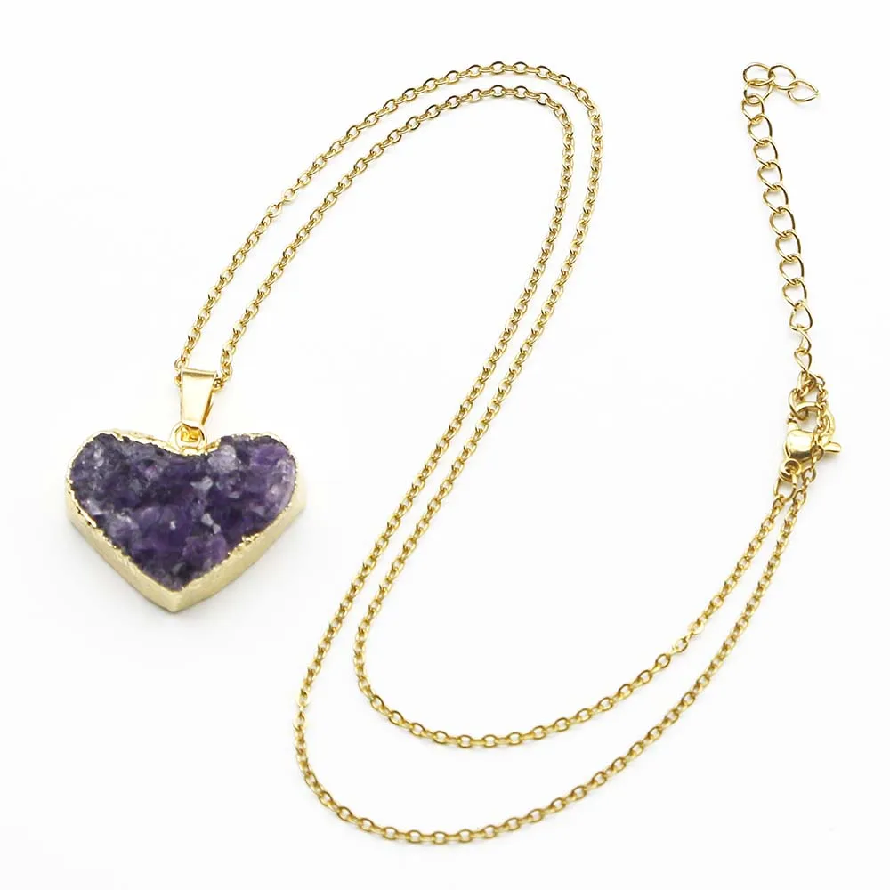 Natural Stone Amethyst Gold-edged Heart Pendant Stainless Steel Gold Chain Necklace Charm DIY Jewelry Accessories Wholesale 4Pcs