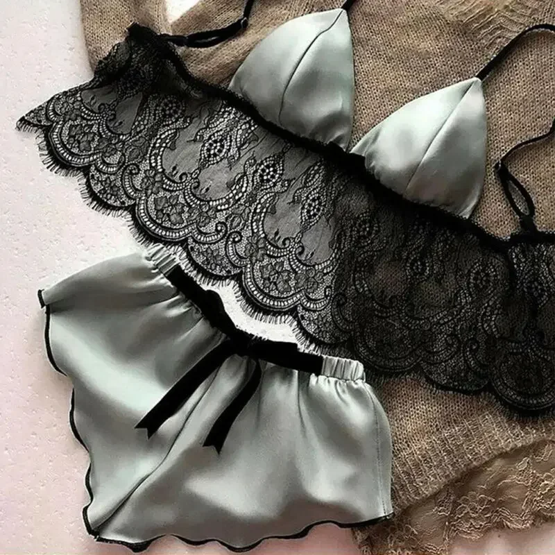 

New Women Pajama Sets Sexy Lingerie Underwear Silk Satin Pajamas Crop Tops Bra+Shorts Sets Sexy V-Neck Sleeveless Nightwear v