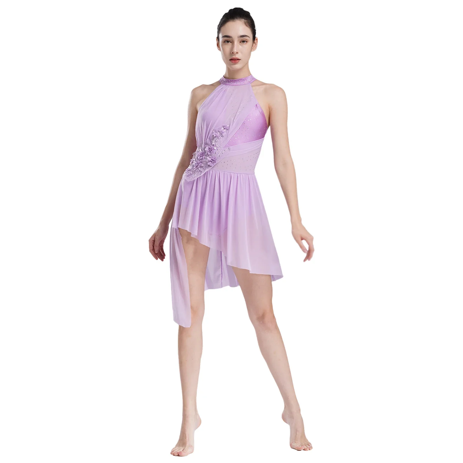 Women Contemporary Dancewear Stage Performance Competition Suit High-Low Mesh Splice Skirted Fancy Skating Costume