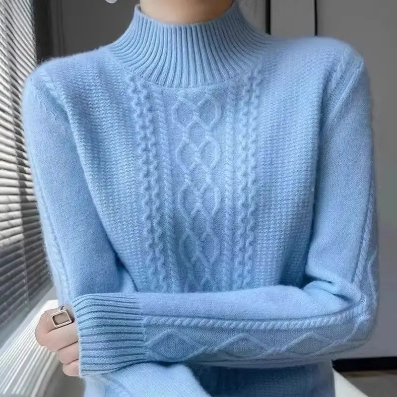 2025 Autumn Winter New Women Cashmere Sweater Fashion Casual Half High Collar Thread Slim Elegant Sweater Lady Pullover Sweater