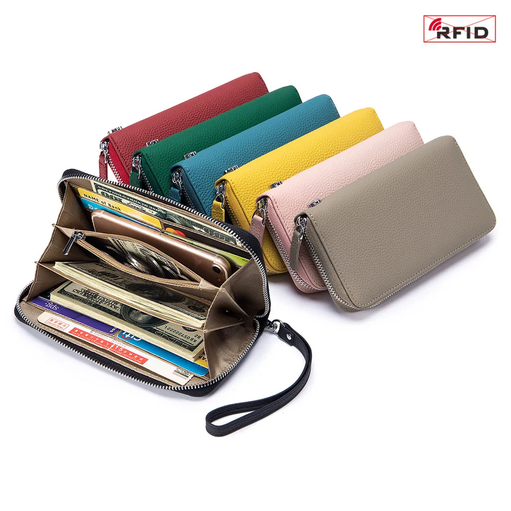 

Women's Wallet Geniune Leather RFID Function Luxury Design Long Zipper Phone Handbags New Cowhide Card Bags Female Fashion Purse