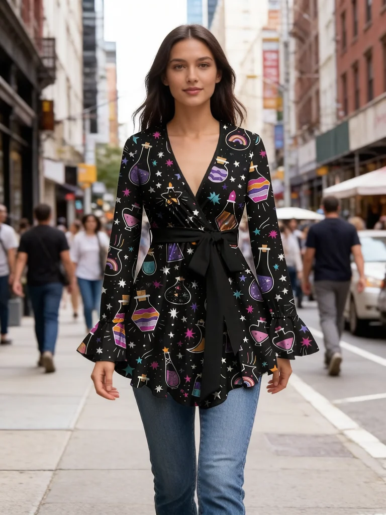 

Gothic Women's V-Neck Tops Autumn Poet Sleeves Colorful Star Moon Striped Bottle Candle Heart Printed Blouses with Tied Belt