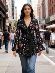 Gothic Women's V-Neck Tops Autumn Poet Sleeves Colorful Star Moon Striped Bottle Candle Heart Printed Blouses with Tied Belt