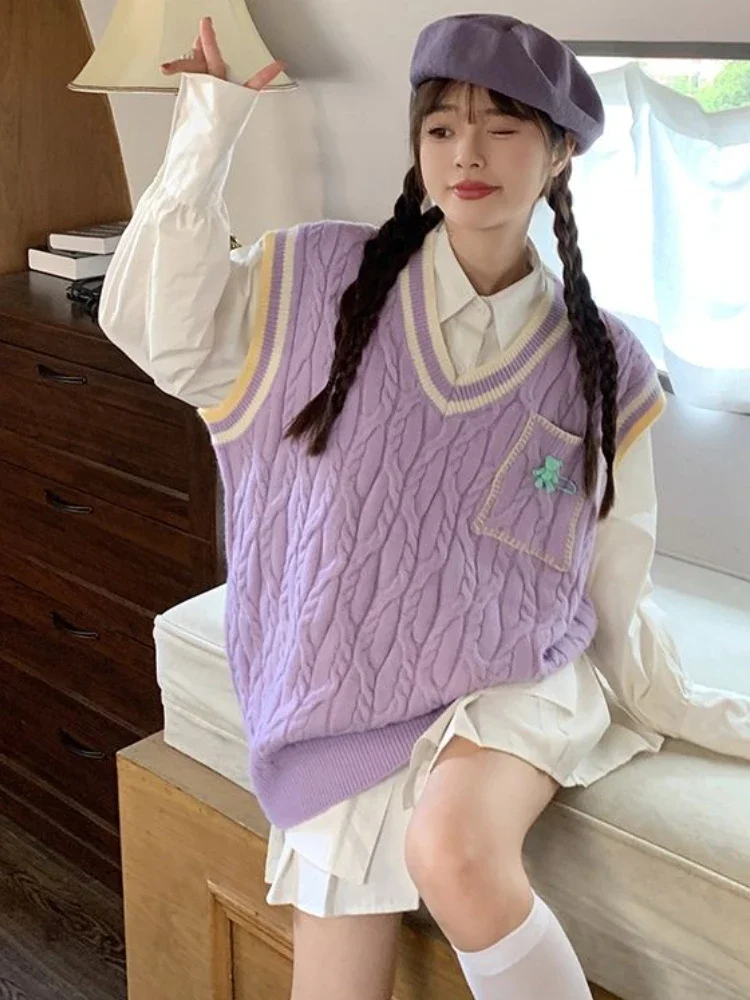 Purple Sweater Vests Women All-match Loose Sweet Spring Korean Preppy Style Knitted V-neck College Chic Casual Ulzzang Fashion