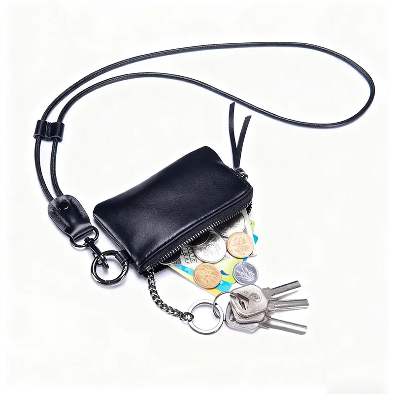 

Компактная портативная сумка для монет с лямкой на шее, мини-ультратонкий кошелек на молнии на шее, кошелек из натуральной кожи, сумка для ключей с водительскими правами, держатель для карт
