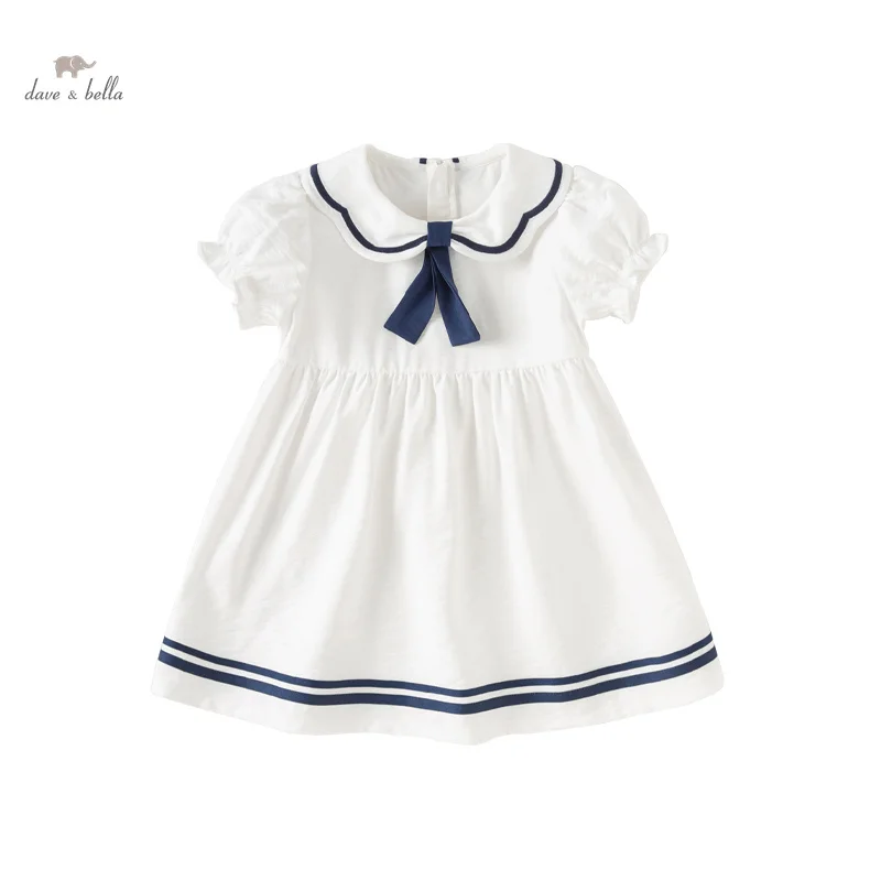 Dave Bella Girls White Dress 2024 New Summer Children's Baby Short Sleeves Cute Sweet Fashion Casual Academic-Style DB2241128