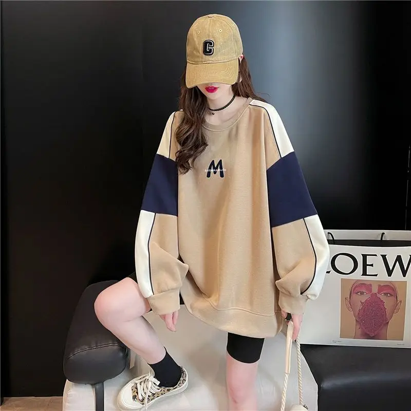 Autumn Winter Casual Patchwork O-neck Long Sleeve Mid Length Top Female All-match Letter Loose T-Shirts Women Clothing Trend