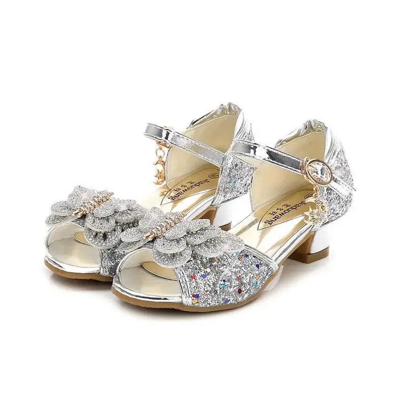 Children Sandals For Girls Weddings Girls Sandals Crystal High Heel Shoes Banquet Pink Gold Blue Glitter Leather Shoes Butterfly