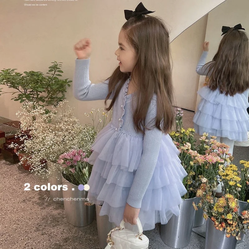 

Girls' Spring and Autumn New Elegant Knitted Cake Dress Children's Net Red Long-Sleeved Dress Sweater Western Style Pdd