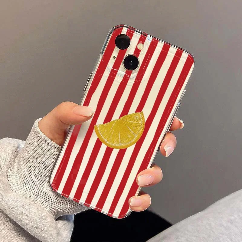 Casing Ponsel Desain Garis Merah Muda Biru Lemon untuk iPhone 11 12 13 14 15 16 Pro Max XS X XR 7 8 Plus 16e Sampul Pelindung TPU Lembut