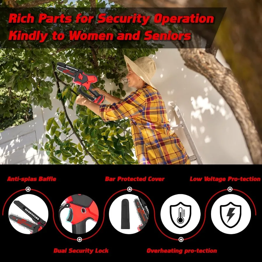 800W ブラシレスコードレスチェーンソー、オートオイルラーと安全ロック付き、木の剪定と木材切断用、2IN1、8インチと6インチのデュアルブレード