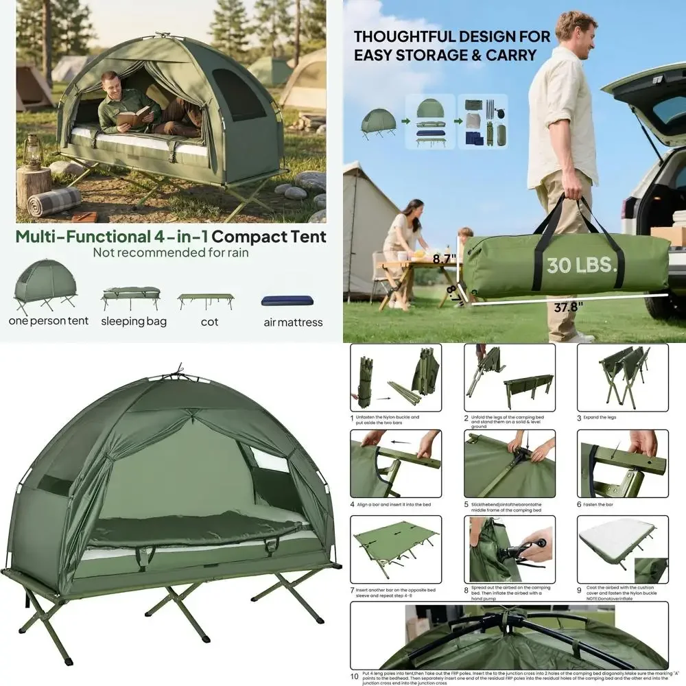All-in-One Portable Camping Cot Tent with Mattress, Pillow, Sleeping Bag, and Carry Bag for Hiking and Picnics