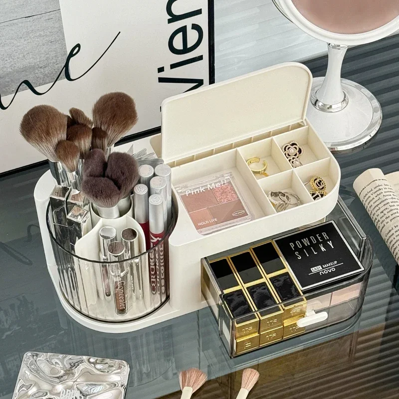 Desktop Rotating Stationery Organizer Large Capacity Multi-grid Cosmetics Storage Box with Drawer Rack Organizer School Supplies