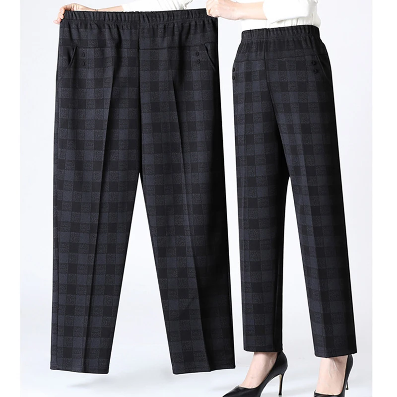 Spring Autumn Women's Long Pants New Elastic High Waist Casual Pants Striped Checkered Female Straight Pants Large Size 7XL 8XL