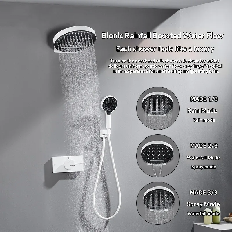 Modern Wall Mounted Shower Set Brushed Chrome Concealed Shower Head White Finish with Massage Soft Rain Mist Modes Single Handle