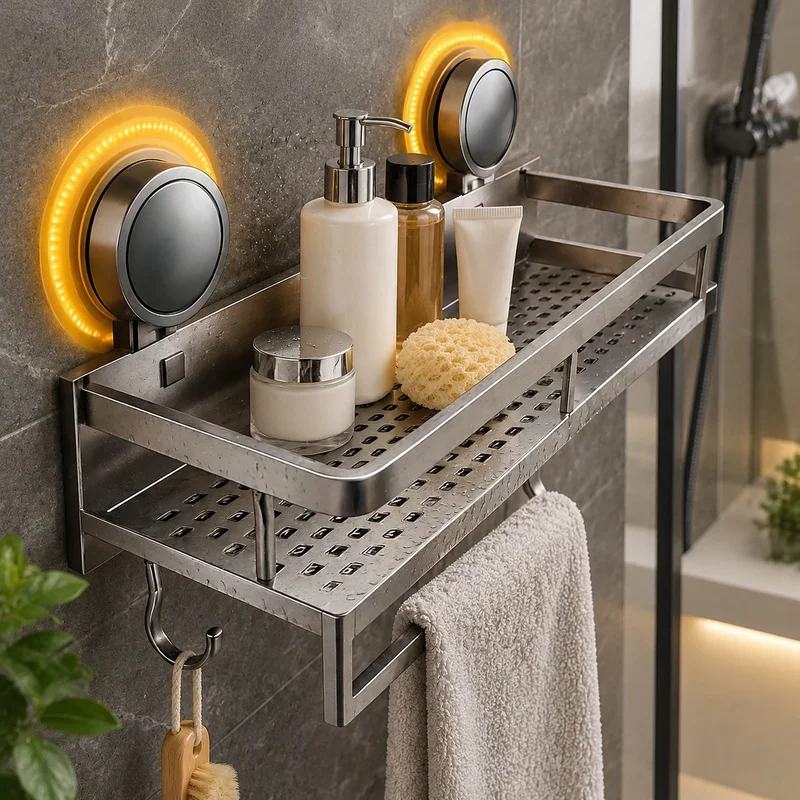 Wall-Mount Aluminum Bathroom Shelf with Suction Holders, Drill-Free Storage Rack for Shower and Toilet Essentials
