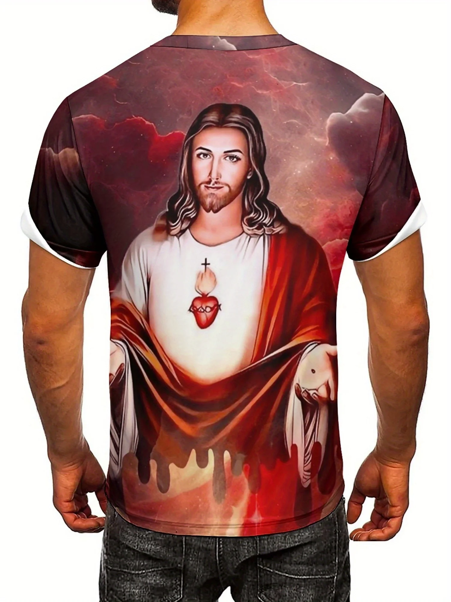 تي شيرت برسومات يسوع ثلاثية الأبعاد للرجال - أحمر وأبيض، كاجوال، بوليستر مريح، ملابس لجميع المواسم، نمط الحفلات والرياضة
