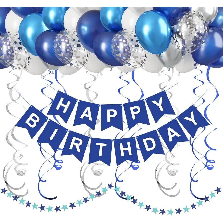 

Синие и белые украшения с днем рождения для мужчин и мальчиков: металлические подвесные завитки, круглые точки, гирлянда, воздушные шары, акценты, праздничные