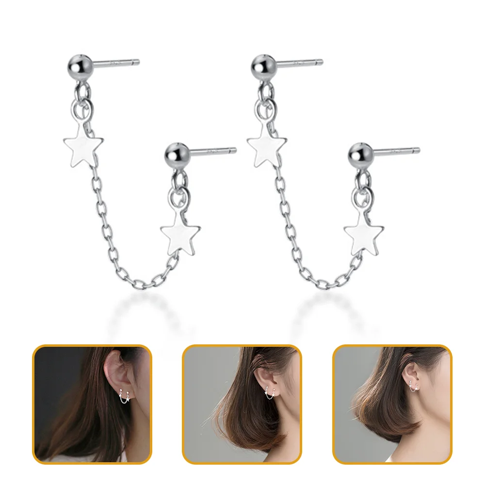 Piercing Earrings Chain Double Star Pearl Stud for Women Pierced Ears Cross Two Holes