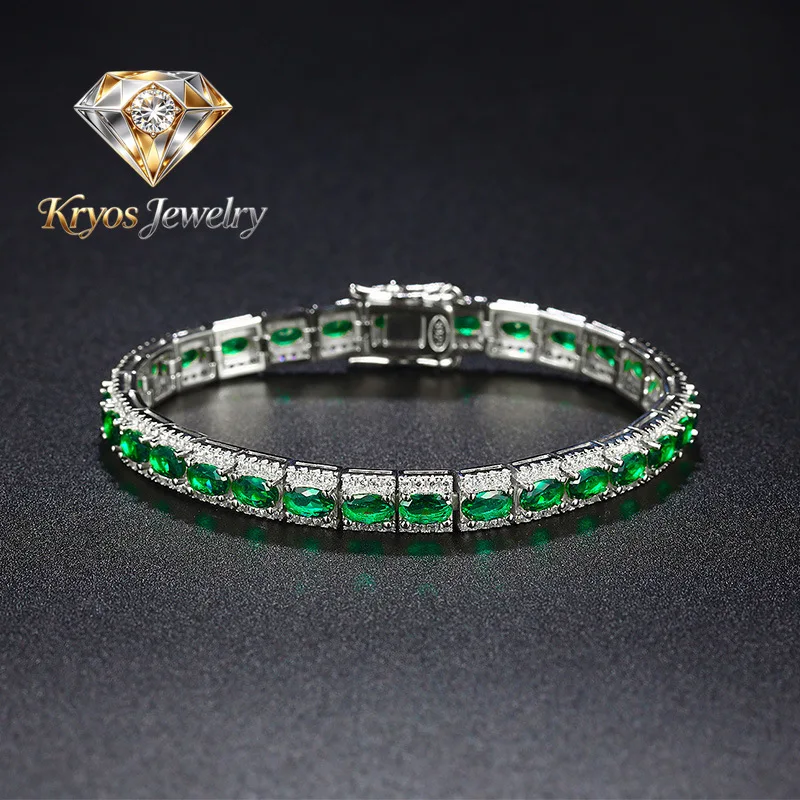 Kryos Jewelry Luxury Solid Platinum PT950 Women's Green Diamond Bracelet Mori Style Ins Niche Design Single Row Full Diamond Ten