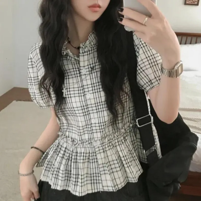 

Chic Summer Preppy Style Single Button Pleated Ruffle Waist Short Sleeve Plaid Shirt Women's Korean Style Cotton Bubble Sleeve