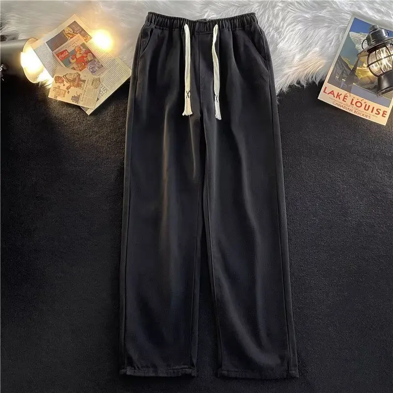 Loose Straight Leg Jeans Elastic Waist Wide Leg Pants Summer Trendy Loose Match All Cotton High Waist Teenagers Daily Wear