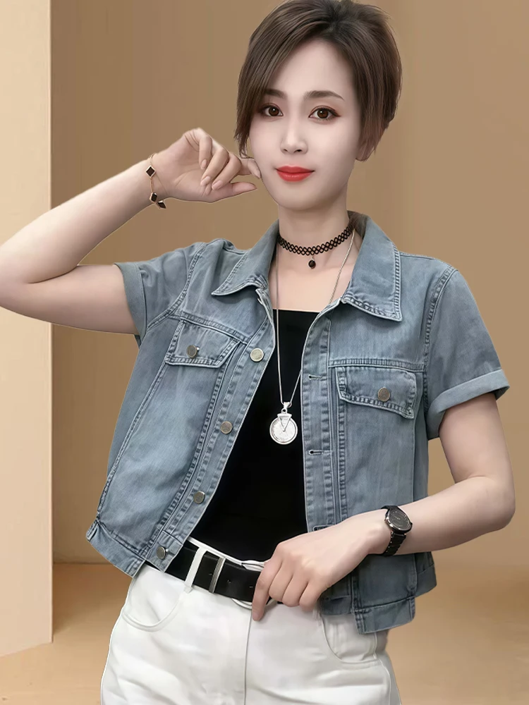 Jaqueta de Denim Curta Simples Estilo Coreano para Mulheres, Nova, Solta, Emaecida, Versátil, Redutora de Idade, Tamanho Pe...