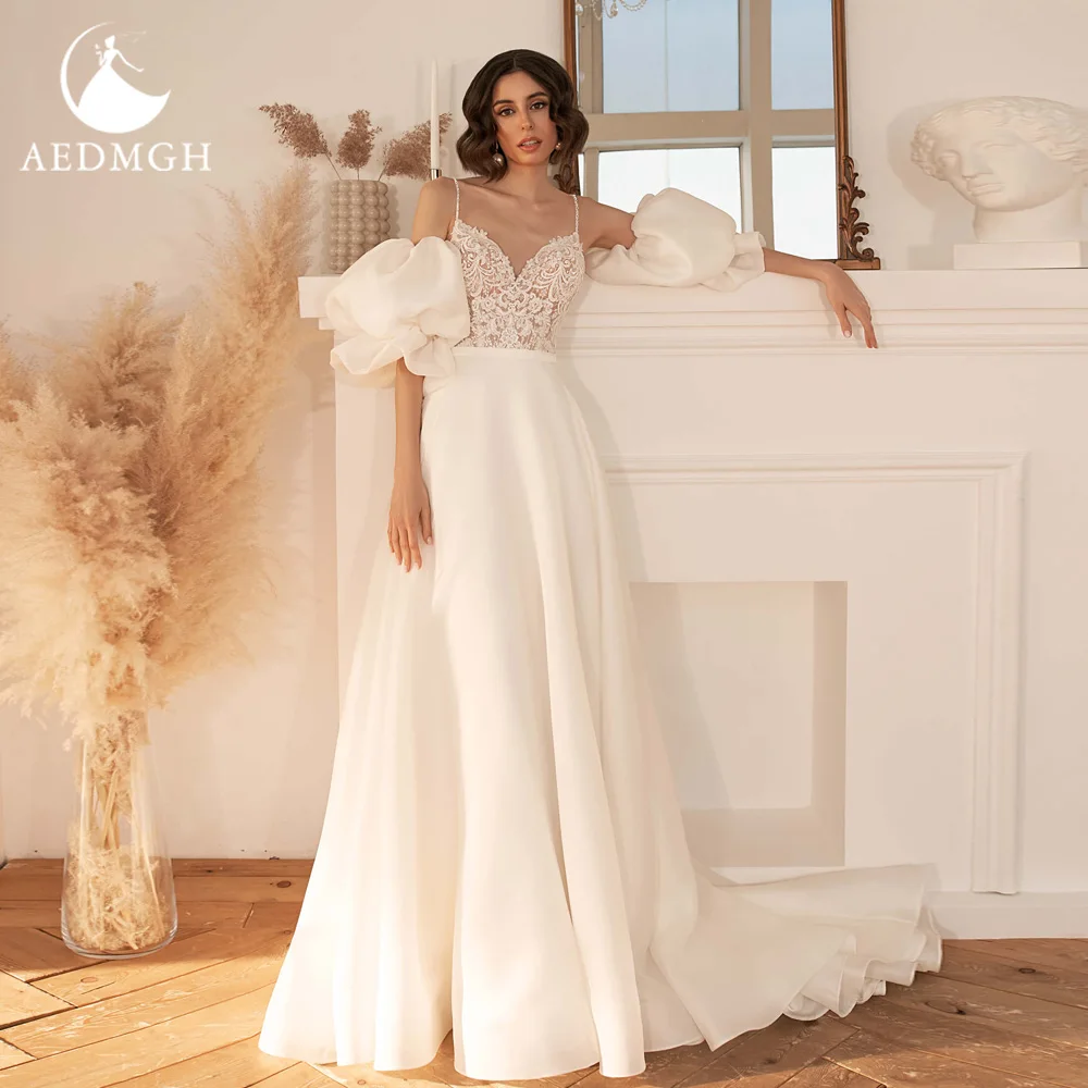 Aedmgh A-Line Chic Wedding Dresses Sweetheart Detachable Lantern Sleeve Vestido De Novia Appliques Tulle Custom Made Bridal Gown