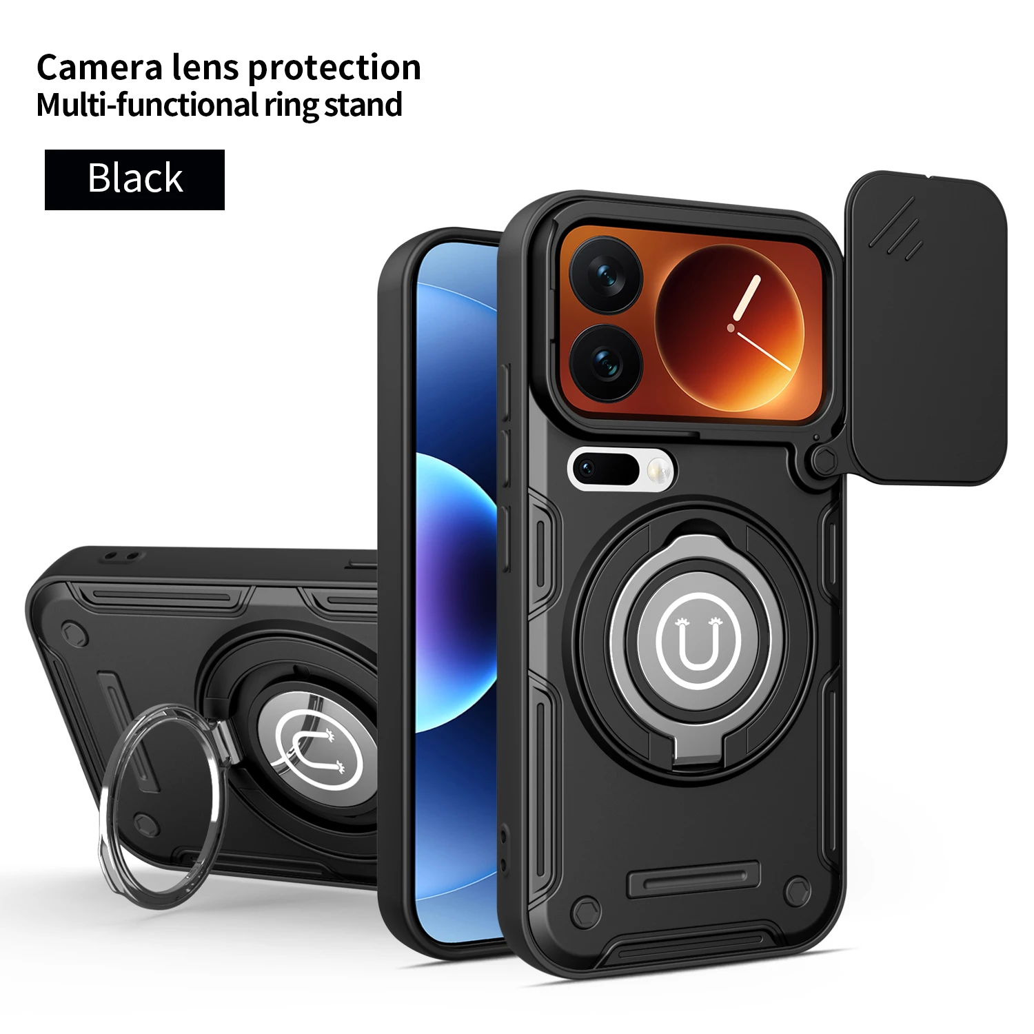Shockproof Phone Case For Xiaomi 17 15T Pro Max 360 Rotatable Ring Kickstand Built-in Magnetic Plate Slide Camera Protect Cover - view 5