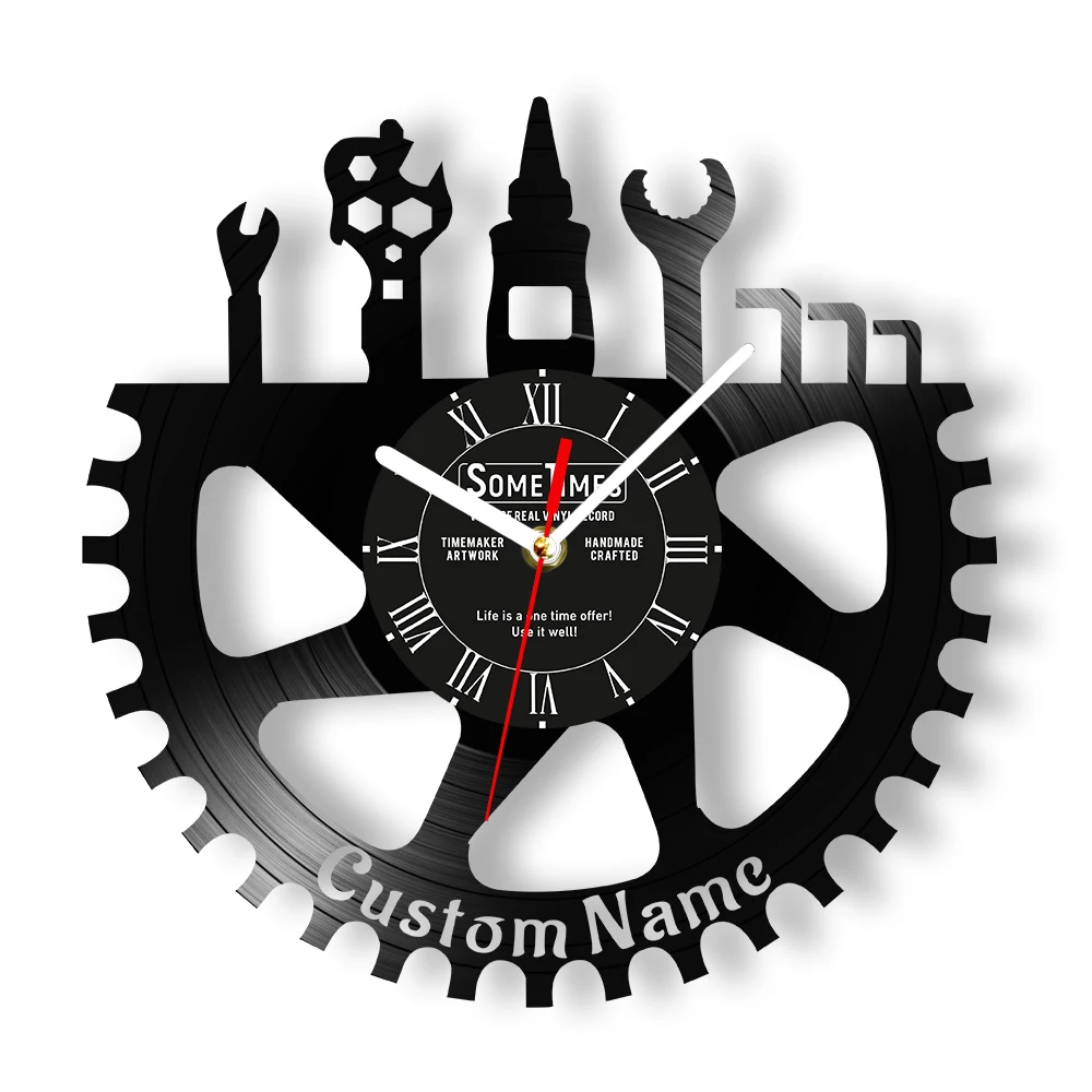 Gear Design Personalized Garage Vinyl Record Wall Clock Tool Room Decor Mechanic Automotive Auto Shop Workshop Custom Wall Watch
