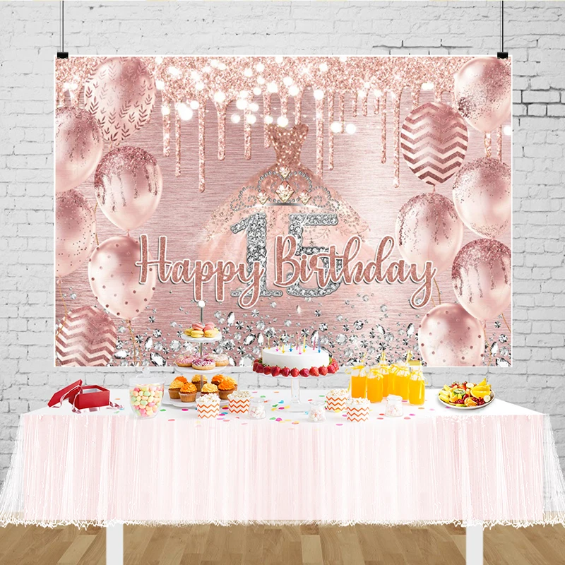 Pink Glitter Balloons Background of 15 Years Old Girl Birthday Decorations 15th Anniversary Quinceanera Party Photo Backdrop