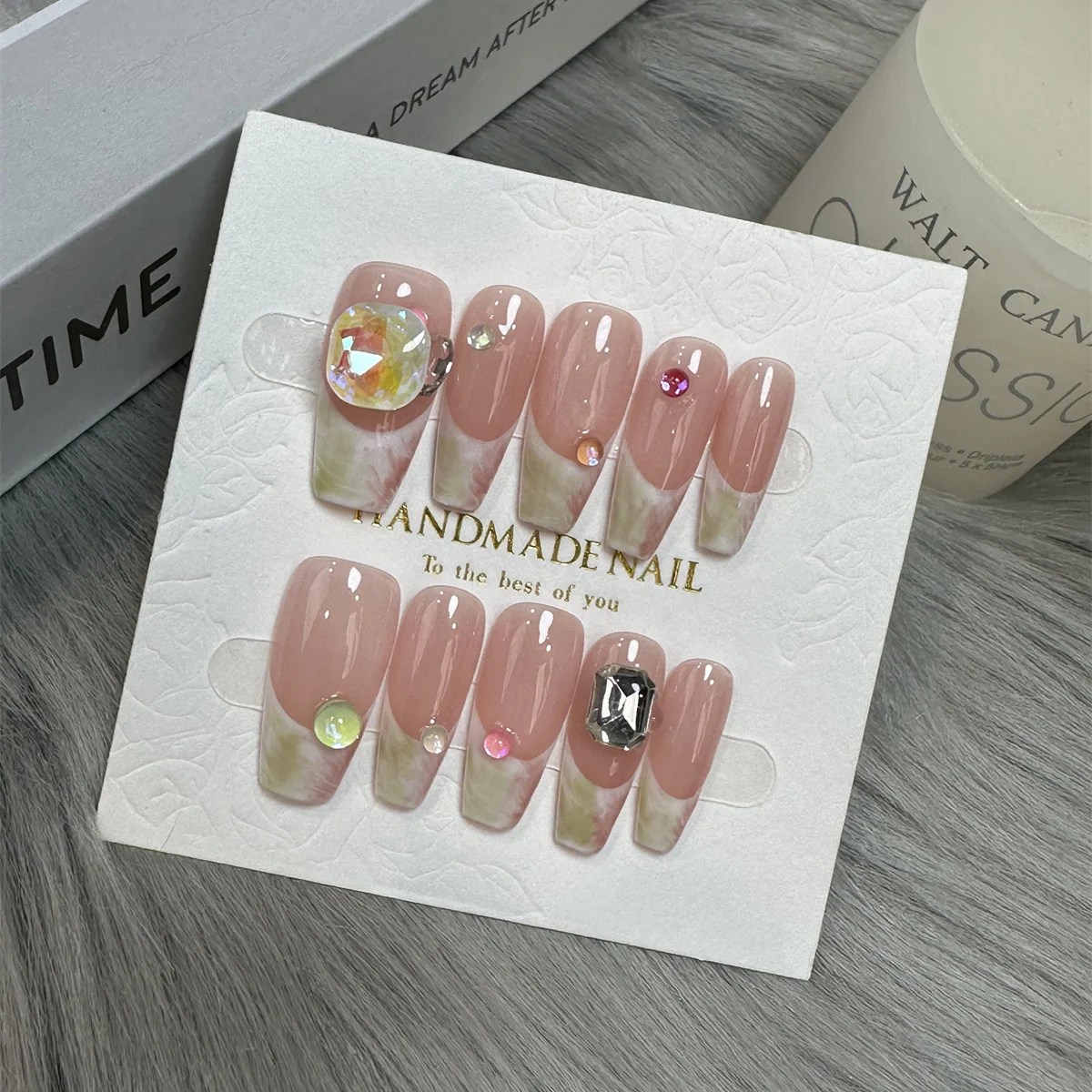 

10Pcs Handmade Press on Nails Long Ballet Fake Nails with 3D Rhinestone Design False Nails Full Cover Nail Tips for Daily,Summer