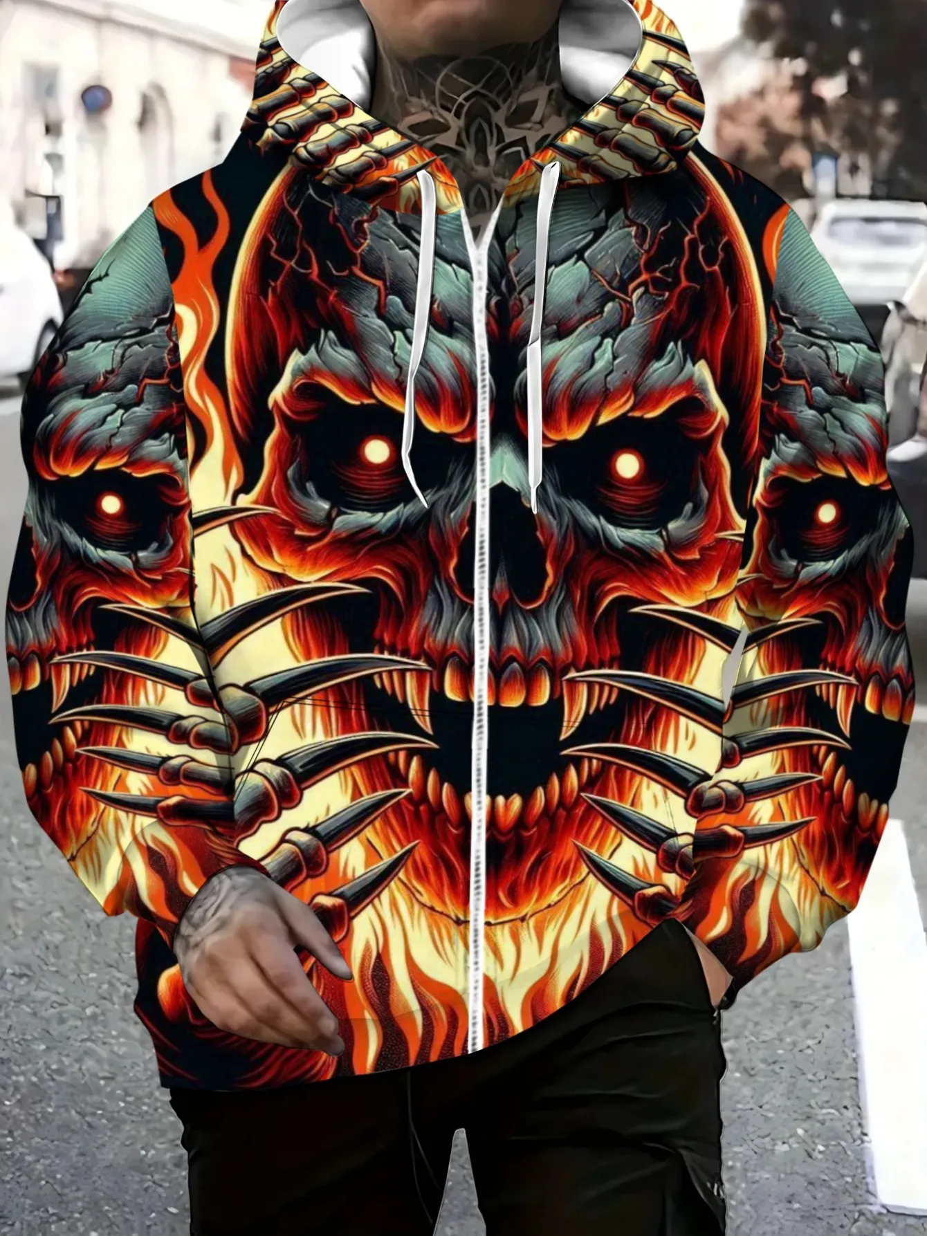 Customization Men'S Flame Skull Print Hoodie Lightweight Durable Streetwear For Outdoor Activities And Casual Wear In Bold Orang