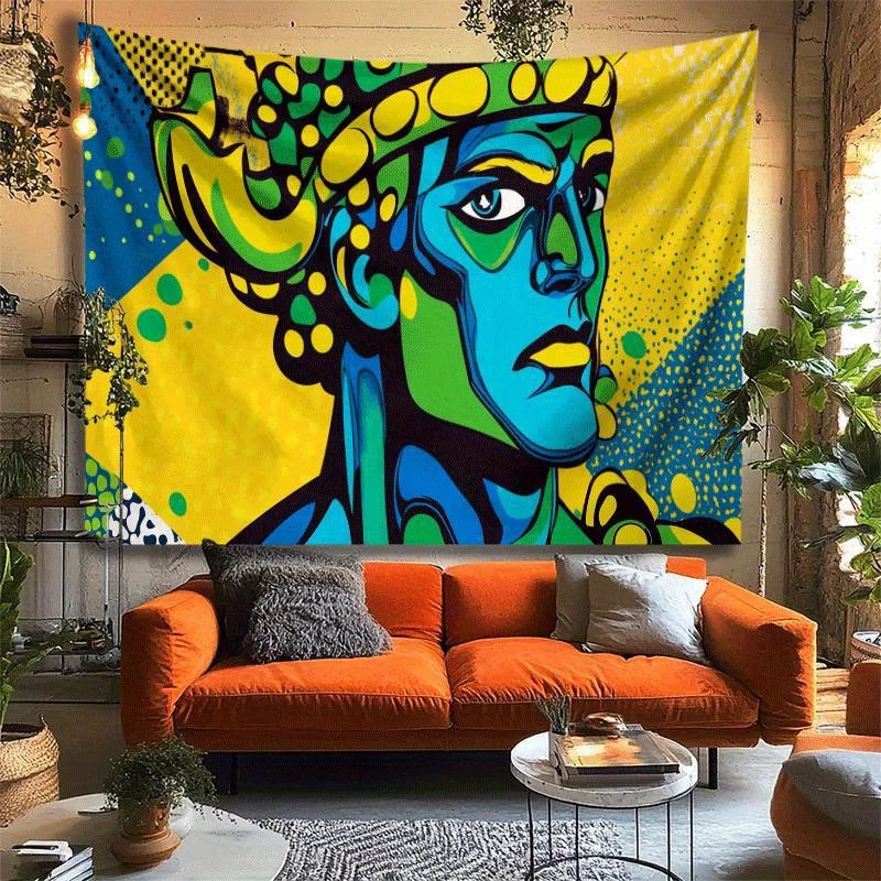 Aztec Warrior Tapestry, Blue Face Pop Art Wall Hanging, Tribal Boho Decor for Living Room Bedroom Dorm
