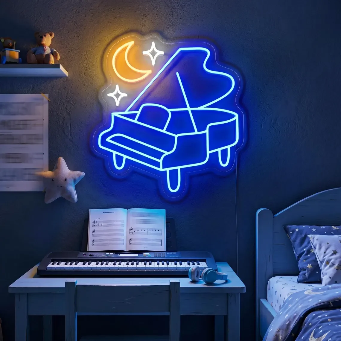 Grand Piano Neon Sign Blue Piano with Moon Stars Neon Sky Music Wall Decor Music Studio Kids Bedroom Art Decor