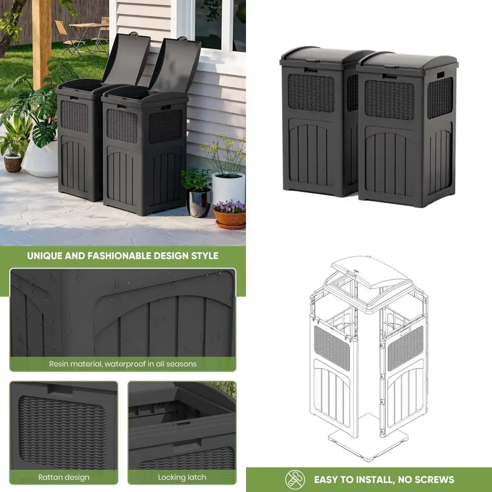 

Set of 2 Black 36-Gallon Resin Outdoor Trash Bins with Lids for Patio and Backyard Use