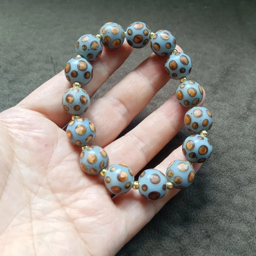 Light Blue Round Bead Bracelet With Brown Dot Pattern Gold Spacers Vintage Unisex Wrist Hand Decor Fashion Jewelry Gift