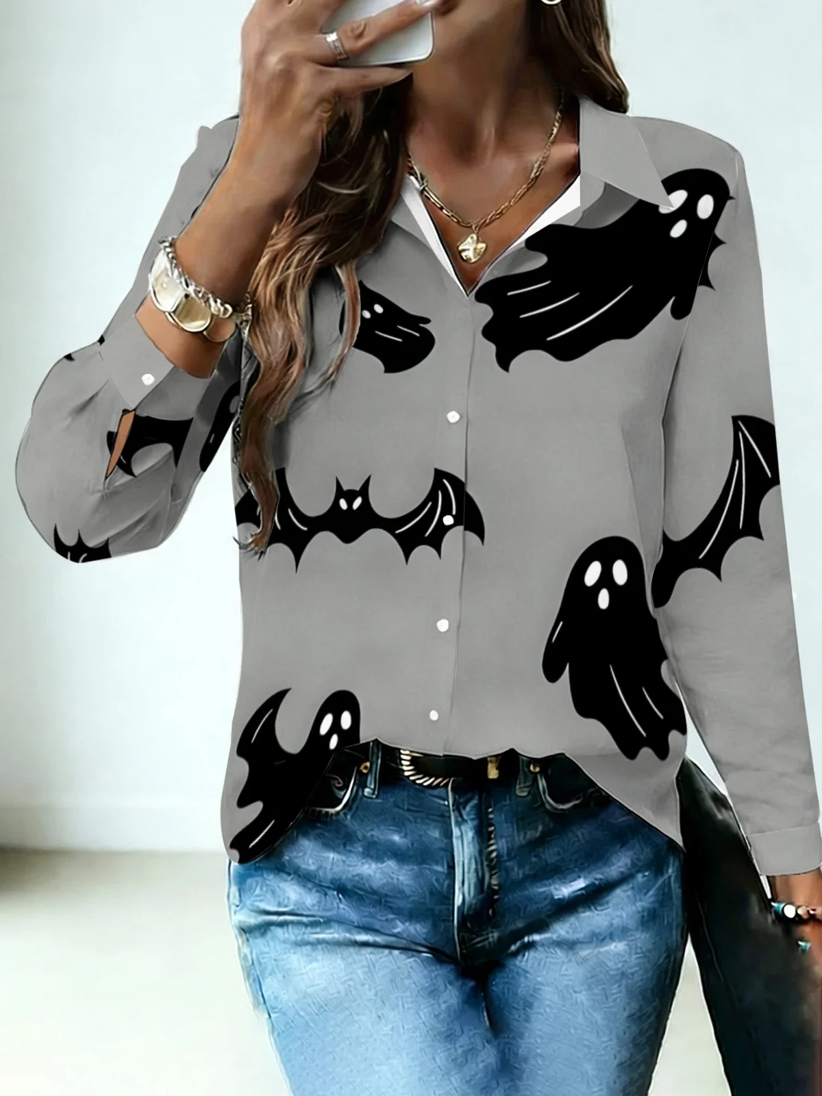 Minimal Neutral Halloween Womens Collared Shirt Soft Light Grey Base Black Ghost Bat Allover Print Long Sleeve Night Club Gentle