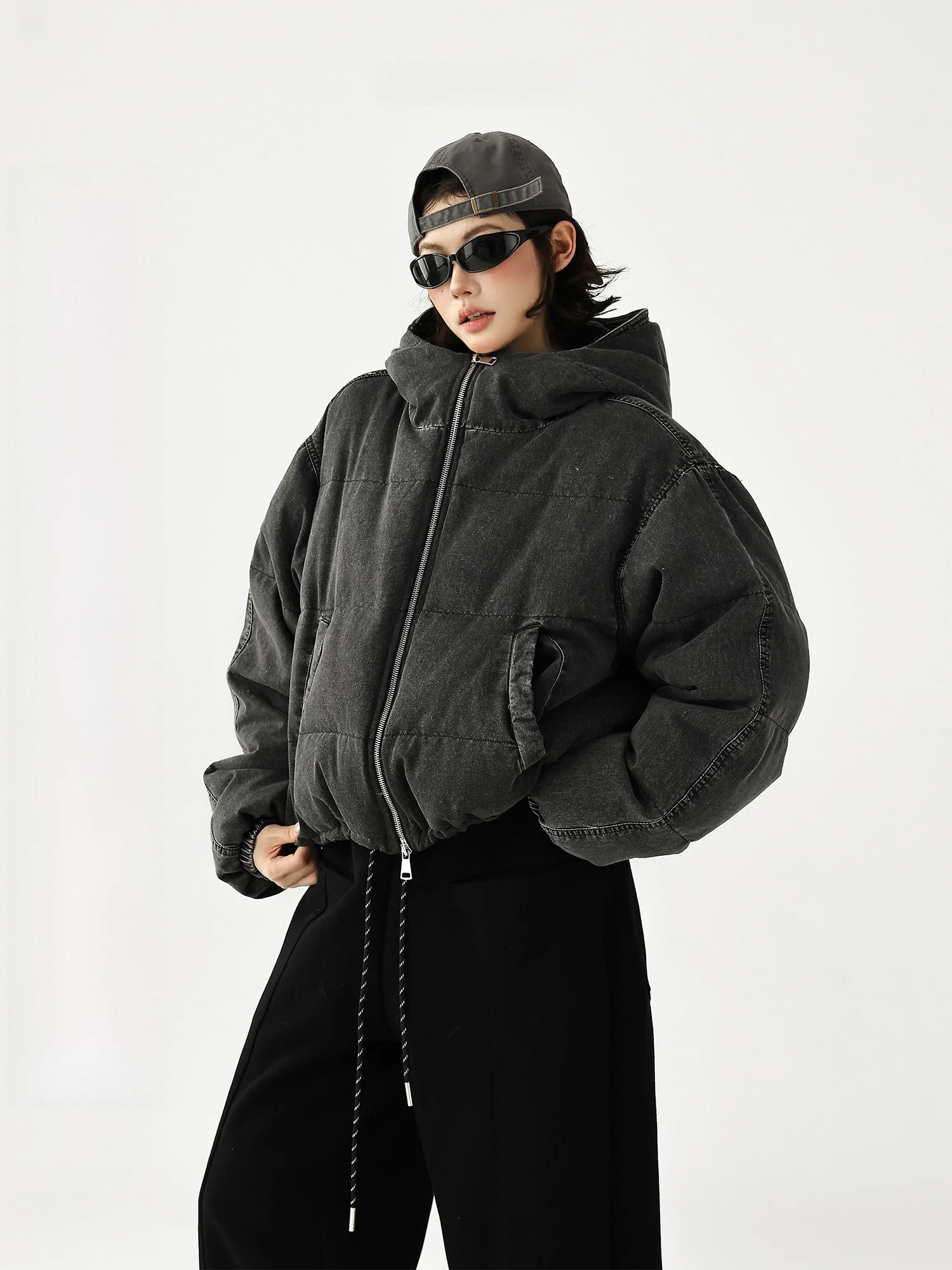 

Retro Distred Denim down Jaet 90 White Du Feather Loose ort Bread Sle Coat Women's Ace Studios