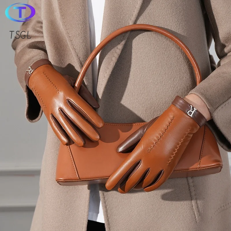 

Letter Real Genuine Leather Gloves Women Luxury Warm Sheep Skin Winter Girls Real Leather Camel Glove Driving Warm Ladies Glove