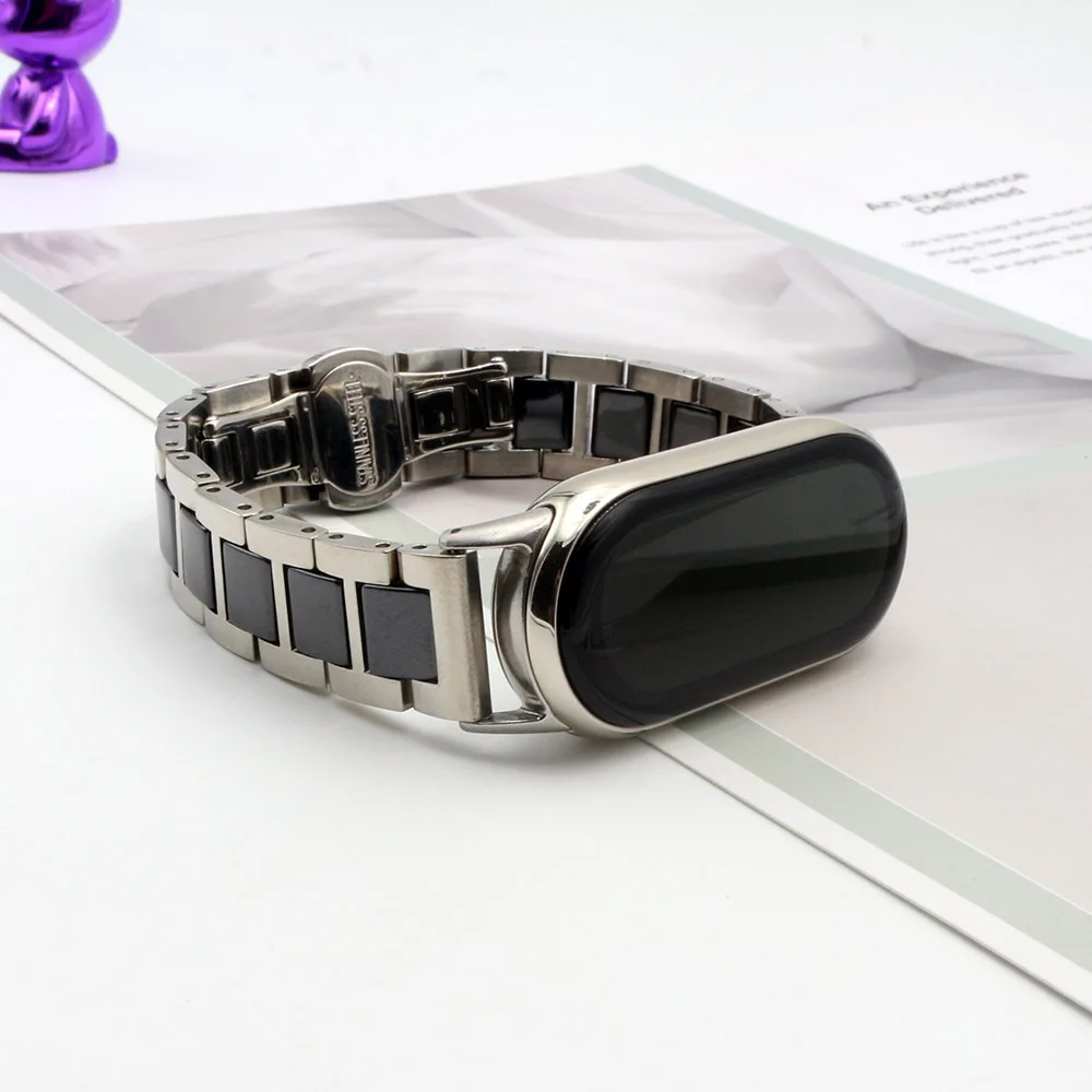 Women Men Stainless Steel Butterfly Buckle Bracelet for Xiaomi Mi Smart Band 9/8/9 NFC Ceramic Smartwatch Wristband Replacement