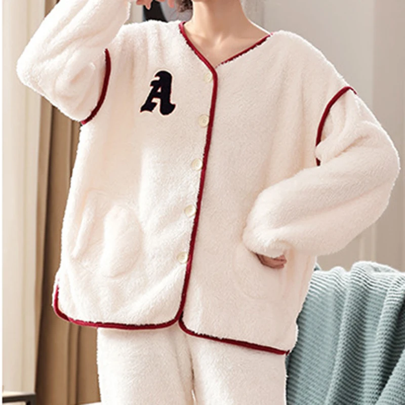 Basic Lapel Cardigan Loose Pant Women\'s Pajamas Set New Winter White Fashion Long Sleeved Flannel Pajamas Female Sleepwear Set