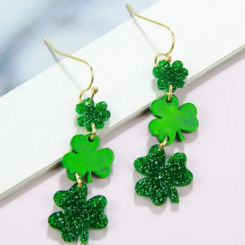 St. Patrick\'s Day Green Hat Clover Decor Bling Bling Dangle Earrings Cute Vacation Style Lucky Female Earrings