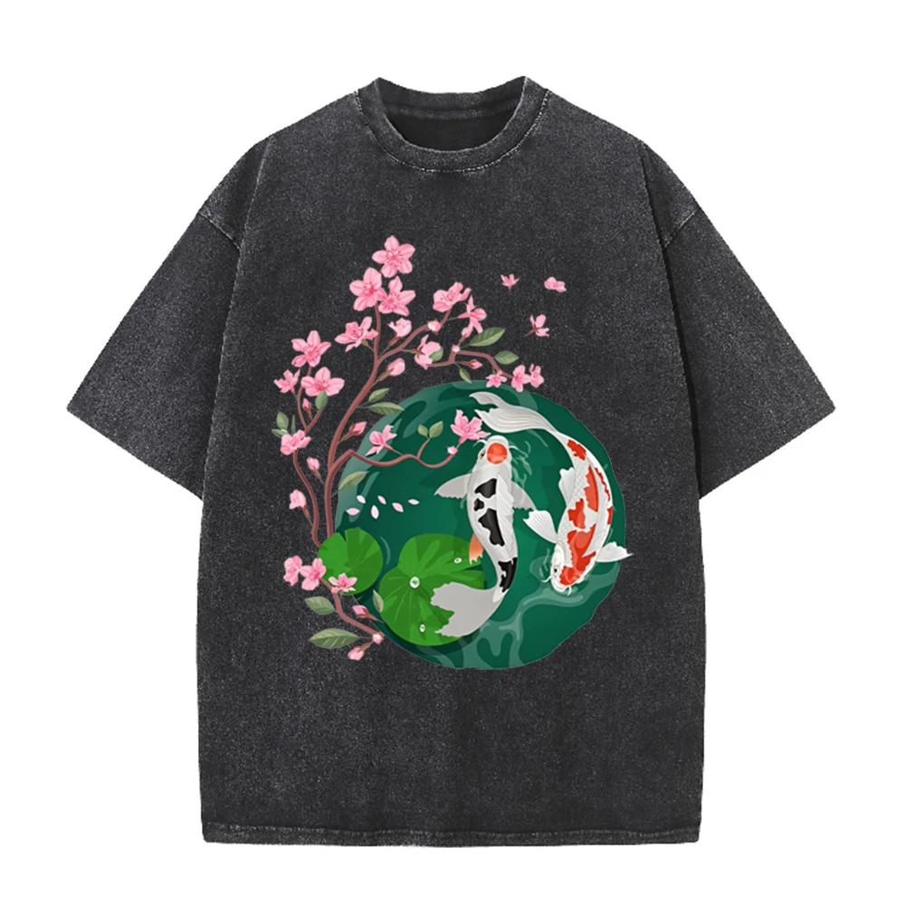 2026 Vintage Washed Black Koi Fish Cherry Blossom Graphic T Shirt Oriental Lotus Print Oversized Casual Short Sleeve Tee