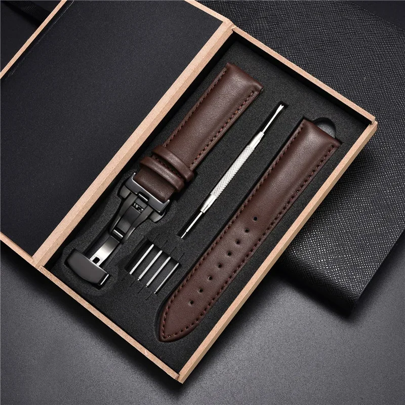 Echtes Lederarmband 18 mm 20 22 24 mm Uhrenarmband Automatische Schmetterlingsschnalle Herren- und Damen-Business-Armbanduhr mit Box-Handgelenkgürtel – Detail 18